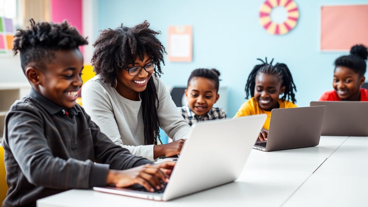 Kids coding and learning with Scratch in a colorful classroom
