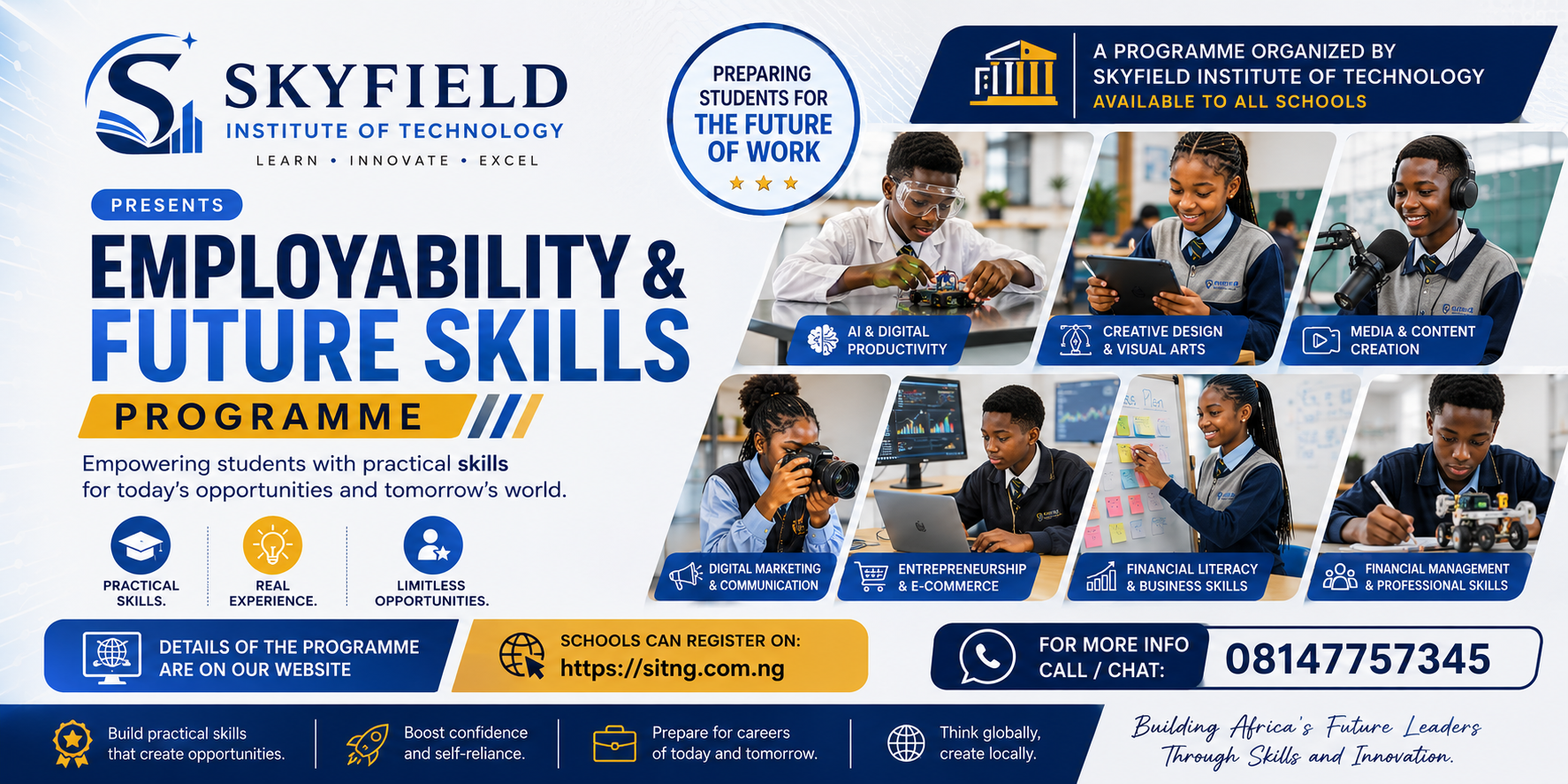 Employability & Future Skills Programme flier — secondary school students learning AI, design, media, marketing and business skills