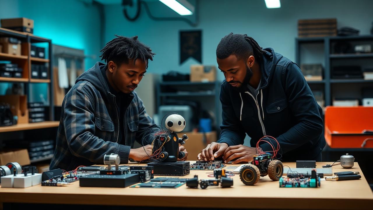 Students building hardware and robotics projects together